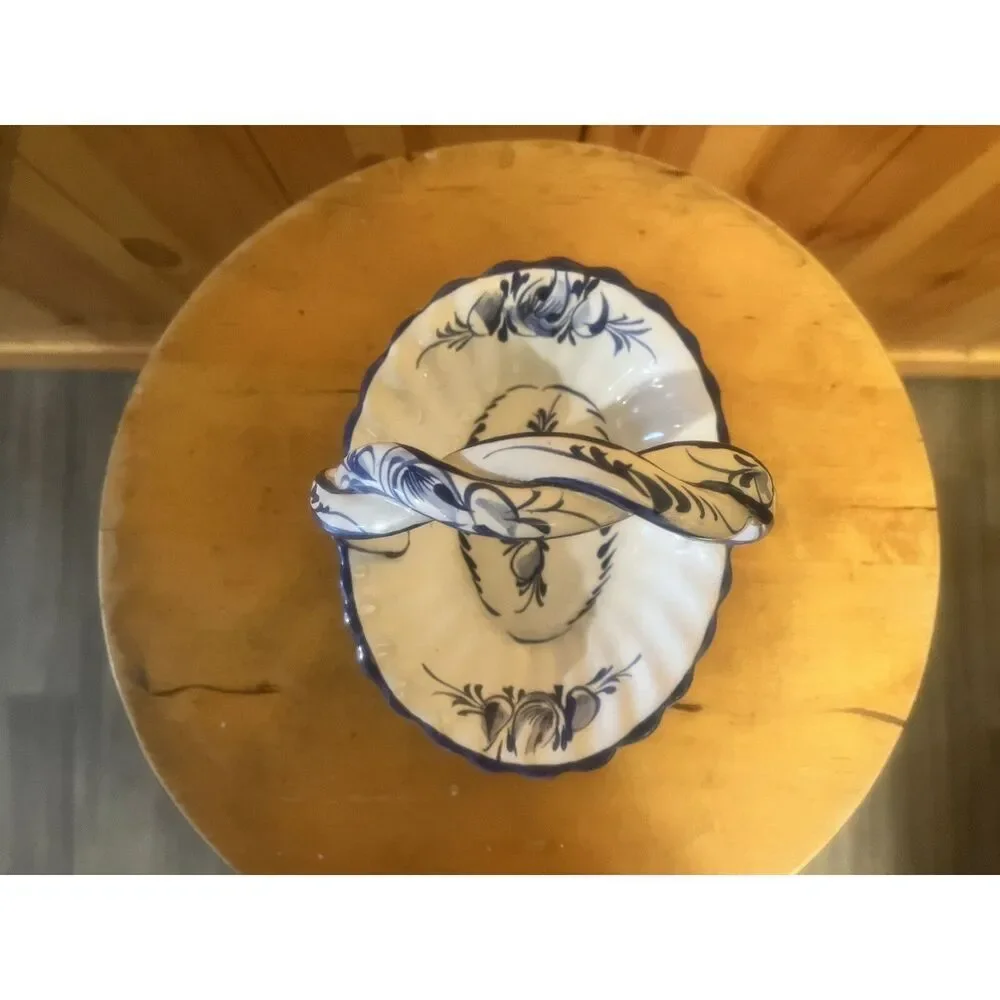 Blue White Hand Painted Ceramic Basket R.C.& Cal Da Juncal Porto De Mos Portugal